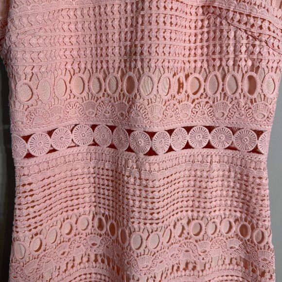 Two Sisters Crochet Overlay Midi Dress Women's 4 Pink Sheer High Neck Cocktail - Picture 7 of 14